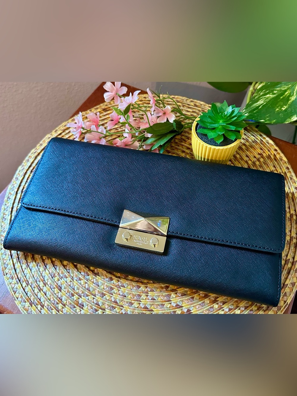 Karl Lagerfeld Black Saffiano Clutch with Gold Hardware NWOT (NEVER USE)